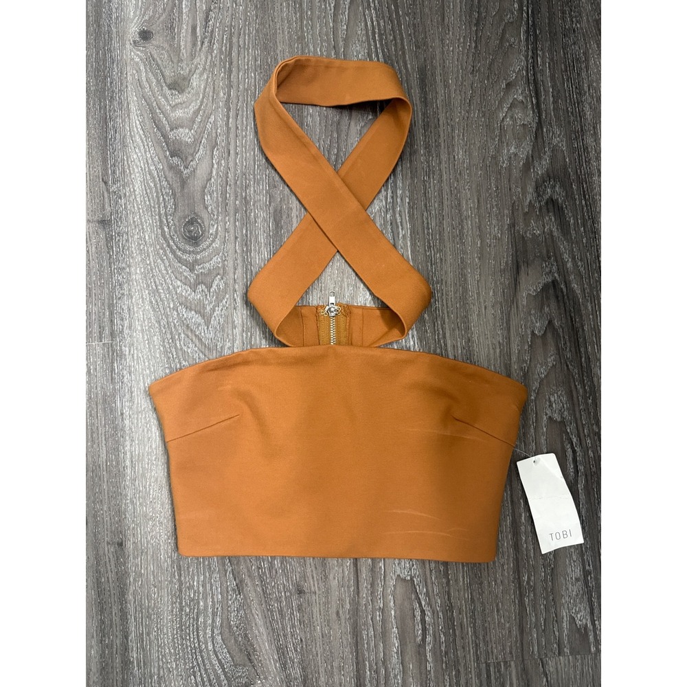 Tobi Womens Rust Orange Criss Cross Halter Neck Zip Back Crop Top Size Small NWT